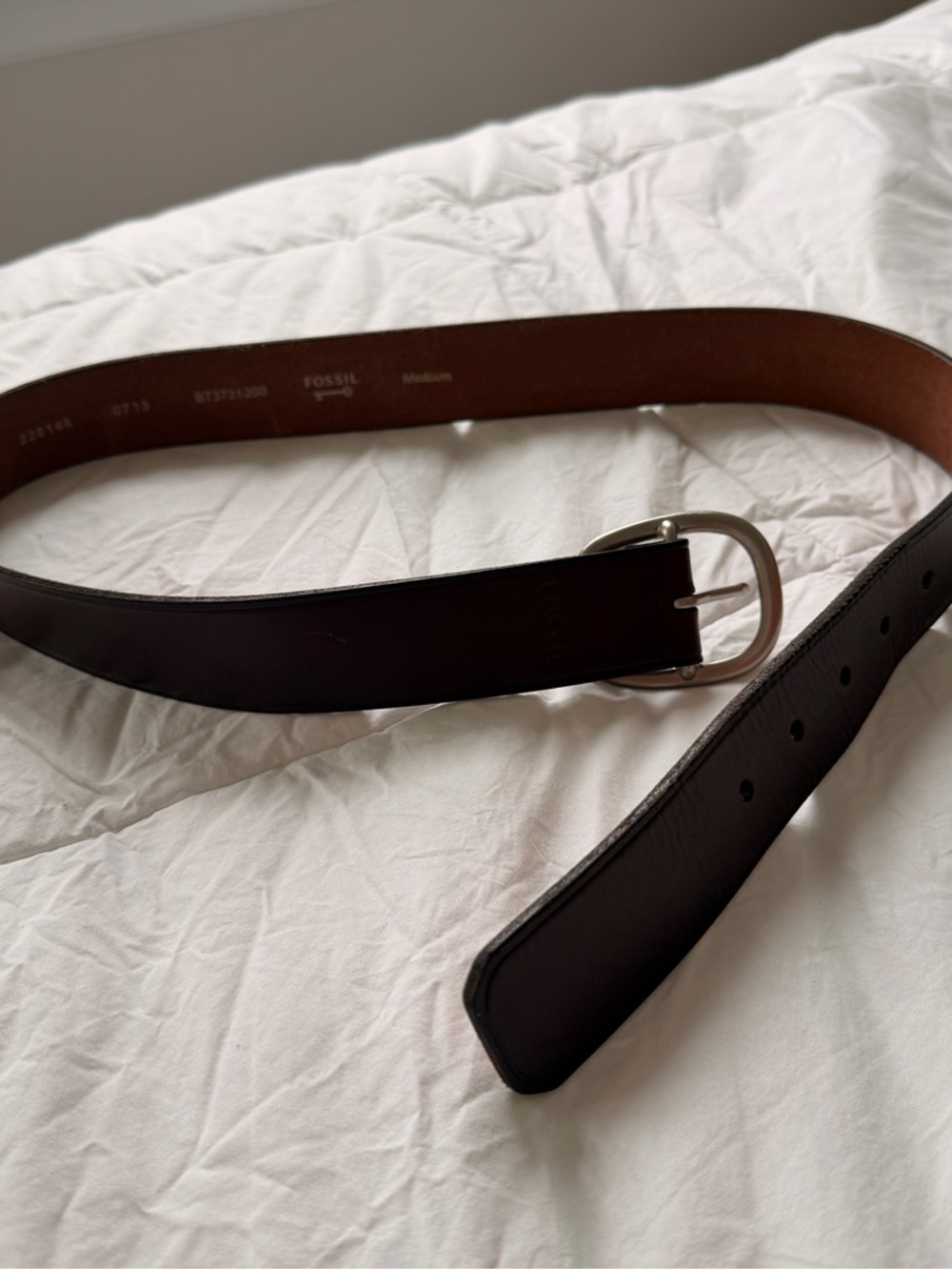 Fossil Brown Leather Belt with Silver Oval Buckle, Size M